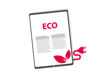 Tablet z ikoną przedstawiający dokument z tytułem Eco i czerwonym kablem wychodzącym z tabletu