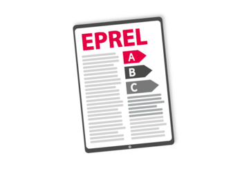 Ikona Tablet z dokumentem zawierającym wskazany tekst i tytuł EPREL, poniżej 3 paski z literami A, B i C