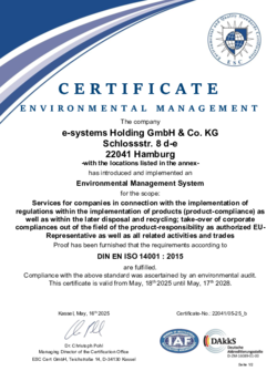 e-systems GmbH Umweltmanagement Zertifikat DIN EN ISO 14001:2015 (EN)